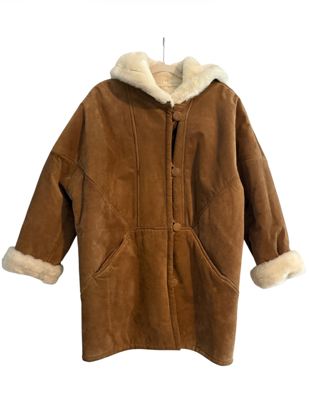 Vintage Y2K Maurices 100% Leather Faux Fur Lined Hooded Shearling Coat Medium